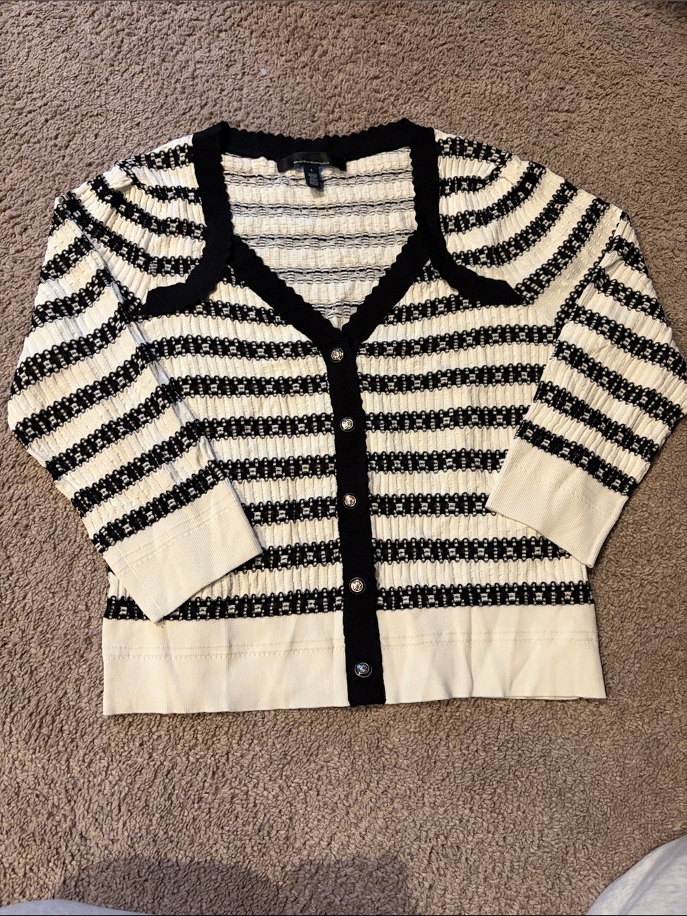White House Black Market Black & white Striped V-Neck Cardigan Sweater